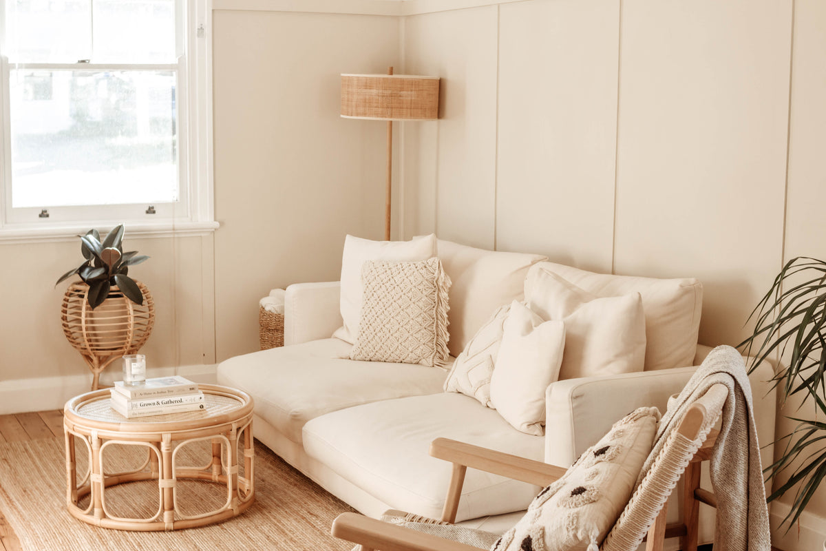 White linen couch minimalist timber furniture 